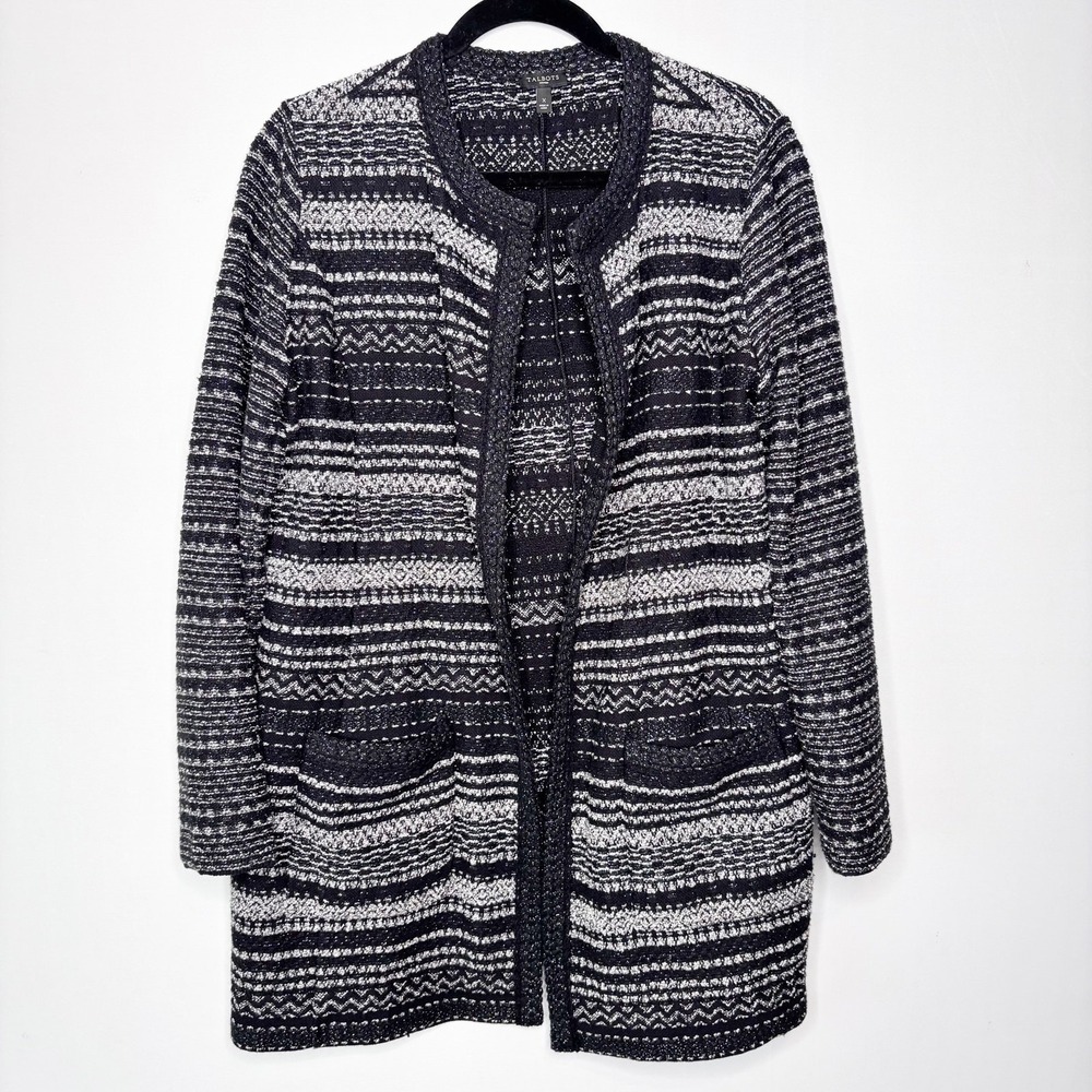 Talbots Woman Black White Metallic Striped Open Front Longline Cardigan Size X